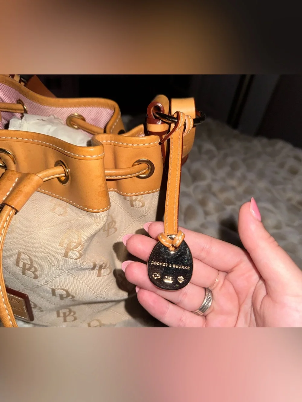 Dooney & Bourke Monogram Signature Drawstring Bucket Shoulder Bag Beige / Tan